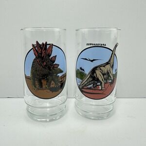 VTG Amoco Dinosaur Glasses Set of 2 Stegosaurus Apatosaurus Tumblers 1970s Rare